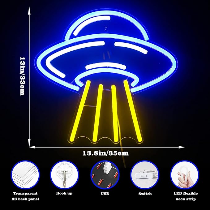UFO Alien Spaceship LED Neon Light Signs Blue Yellow Neon Acrylic Wall Light Signs for Bedroom Kids Astronomy Lovers School Science Museum Decoration,Game Room, Aesthetic Room, Living Room Decor