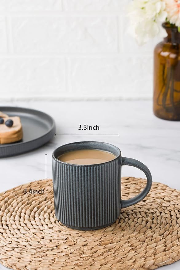 famiware Coffee Mug Set for 6, Star 12 oz Catering Mugs Cup Set with Handle for Coffee, Tea, Cocoa, Milk - Ceramic Stoneware Drinkware Set, Matte Dark Charcoal