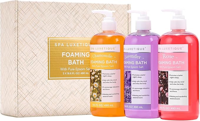 Bubble Bath, Spa Luxetique Foaming Bath with Pure Epsom Salt, Chamomile Rose and Lavender Scent Bath Set, Christmas Gifts for Women Gift Set for Men 3 Pack 49.8 fl oz Gifts for Mom