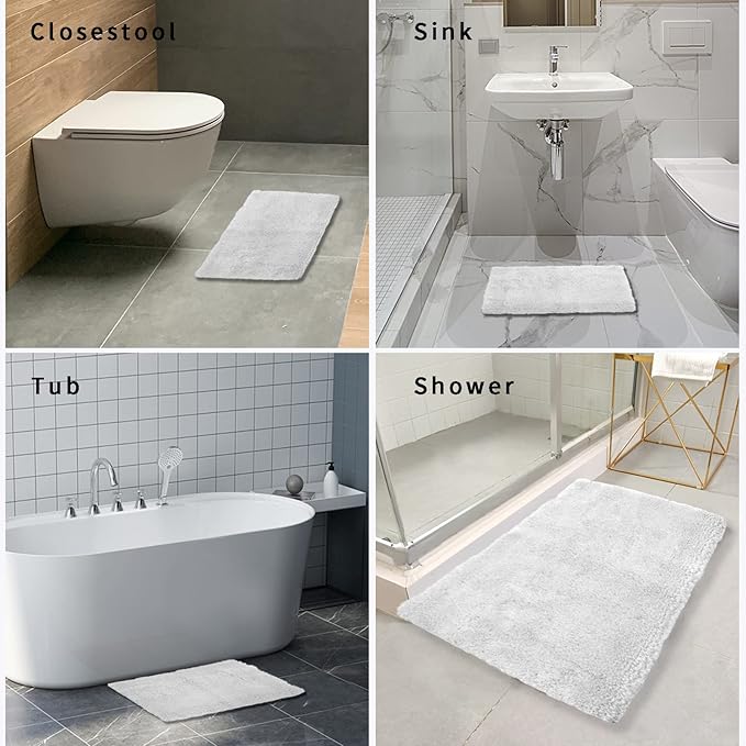 FIFU Bathroom Rugs 17" W x 24" L, Bath Mat for Bathroom, Bedroom, Laundry Room & Kitchen, Non-Slip Rubber Latex Backing, Extra Soft and Absorbent Microfiber Carpet, Machine Washable Rug, White