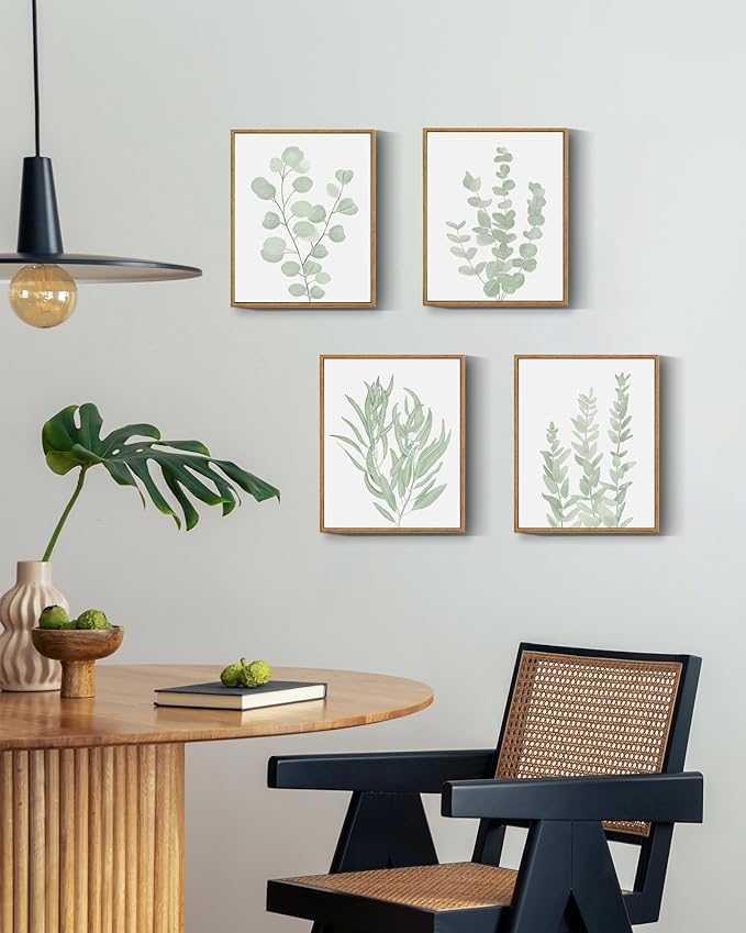 Drsoum Framed Botanical Plant Canvas Wood Wall Art Light Green Sage Wall Decor Eucalyptus Leaf Picture for Bedroom Living Room Bathroom Office 8βx 10β x 4pcs