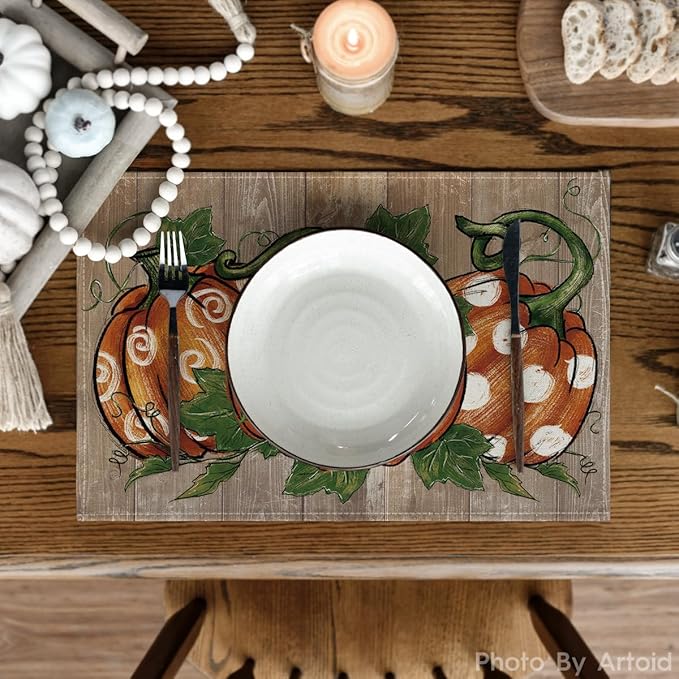 Artoid Mode Polka Dot Pumpkins Vine Thanksgiving Placemats Set of 4, 12x18 Inch Seasonal Fall Table Mats for Party Kitchen Dining Decoration
