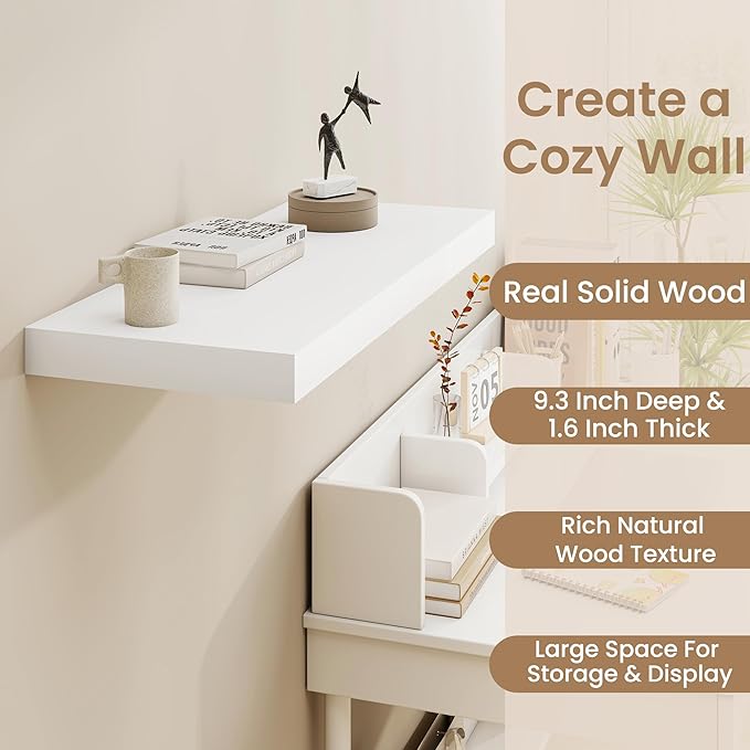 Fun Memories White Floating Shelves for Wall, 30 x 9 Inch Floating Shelf Set of 2, Rustic Natural Wood Wall Shelves, 9" Deep White Bathroom Shelves for Storage & Display