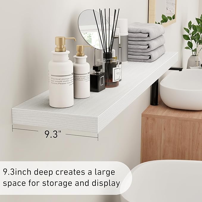 Fun Memories 36 Inch Floating Shelves - Rustic Wooden Wall Shelves - Wall Mounted Storage Shelf with Invisible Brackets - Extra Deeper & Thicker for Living Room, 36" W x 9" D x 1.6" H - White