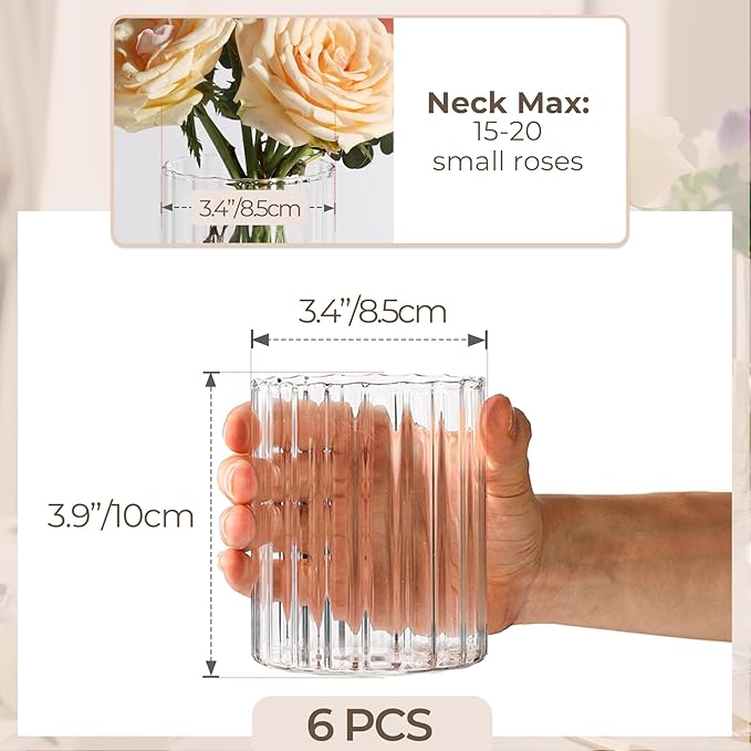 ComSaf 6pcs Glass Cylinder Vases 4 Inch Tall, Small Vase for Flowers, Short Ribbed Vases for Centerpieces, Clear Hurricane Glass Candle Holders for Table Party Home Decor