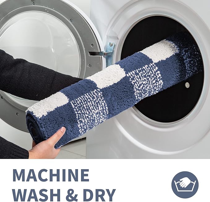 CozeCube Blue Checkered Bath mats for Bathroom Non Slip, Fluffy Absorbent Microfiber Bath mat Washable, Aesthetic Bathroom Rugs, Large Bath mat for Sink, 36" x 24"