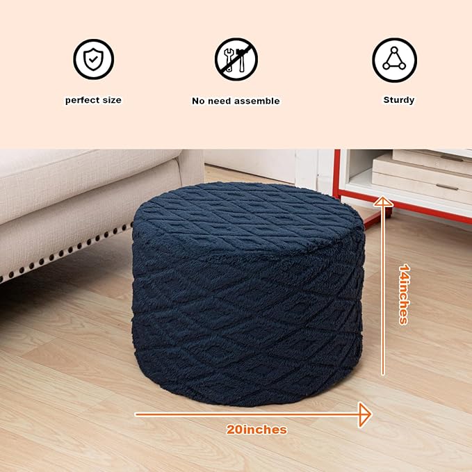 Fluffy Round Ottoman Pouf with All-in-One Foam Filling 20" x 14" Furry Ottoman Foot Rest Foot Stool for Living Room or Bedroom (Navy Blue)