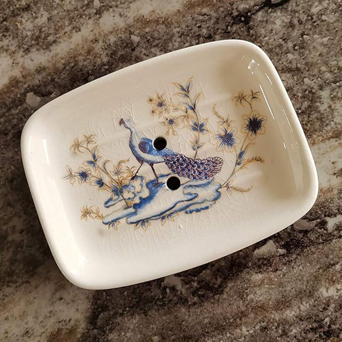 Ceramic Soap Dish Creative Ice Crack Ceramic Peacock and Flower Pattern Soap Dish Holder for Bathroom and Shower Soap Tray Box with Drain Gift for Mum Family