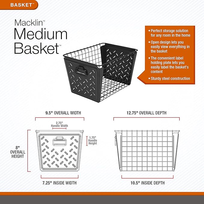 Tovolo Macklin, Stamped Steel & Wire Basket for Closet & Cubby Storage Vintage-Inspired Design with Customizable Label Plate, Medium, White