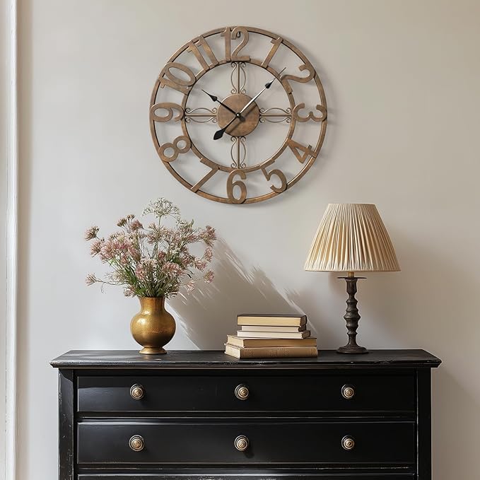 Wall Clock, 16 Inch Bronze Metal Wall Clock Silent Non-Ticking Battery Operated, Large Round Retro Arabic Numerals Analog Decorative Clocks for Living Room Kitchen Mantel Office