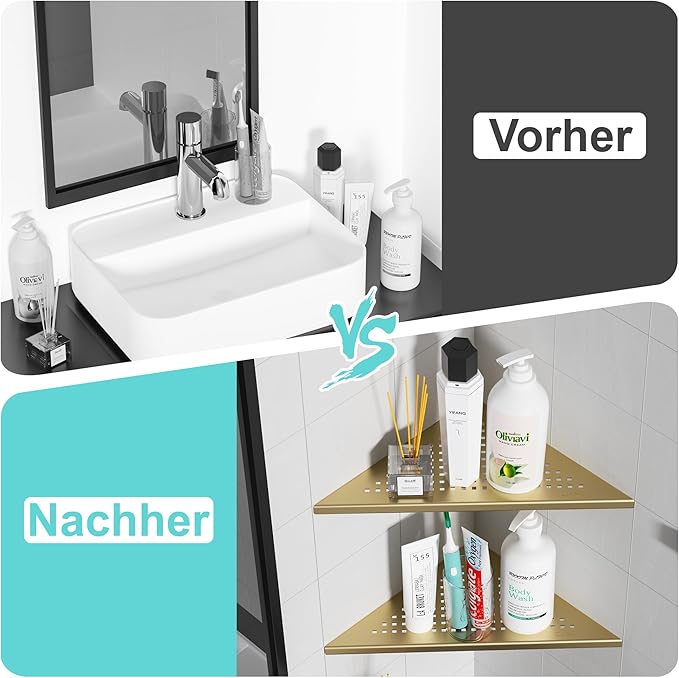 Corner Shower Shelves, 10” Recessed Tile Shower Shelf Brushed Golden, 304 Stainless Steel Grout in Corner Tile Shower Shelves, No Drilling, 2 Pack