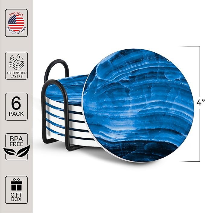 Emerson Coasters for Drinks Absorbent – Dining Table Set of 6 with Holder, 100% Ceramic Wooden Tabletop Protection Marble Style - Non Slip & Cork Bottom - Heavy Duty (Blue Stone)