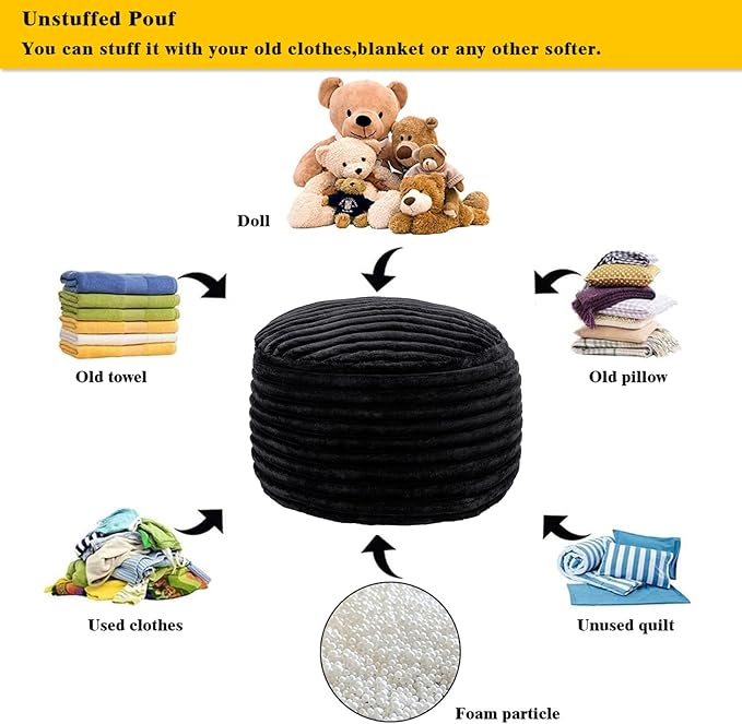 Asuprui Pouf Ottoman Unstuffed Ottoman Foot Rest Floor Pouf 20x20x12 Inches Round Bean Bag Chair Foldable Floor Chair Storage for Living Room Bedroom Black Stripe