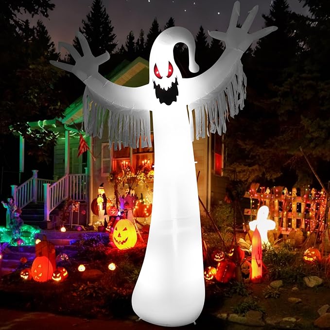 Sizonjoy 12 FT Halloween Decoration Inflatable Ghost, Blow Up Animated Red Eyes Ghost with Build-in LEDs, Outdoor Scary Inflatable Decoration for Front Yard, Porch