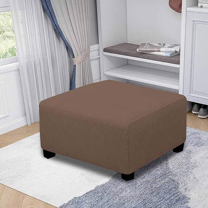 Easy-Going Stretch Square Ottoman Cover Folding Storage Stool Furniture Protector Soft Slipcover with Elastic Bottom (30x30x15inch, Brown)