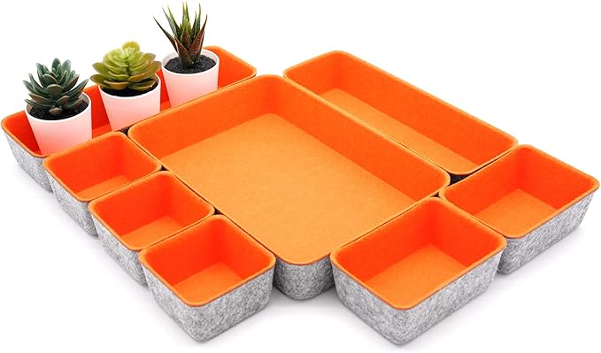 Welaxy desk drawer organizers bin trays dividers small shallow felt storage box soft sturdy office suppliers closet cabinet makeup crafts pens 8-piece back to school (Orange)
