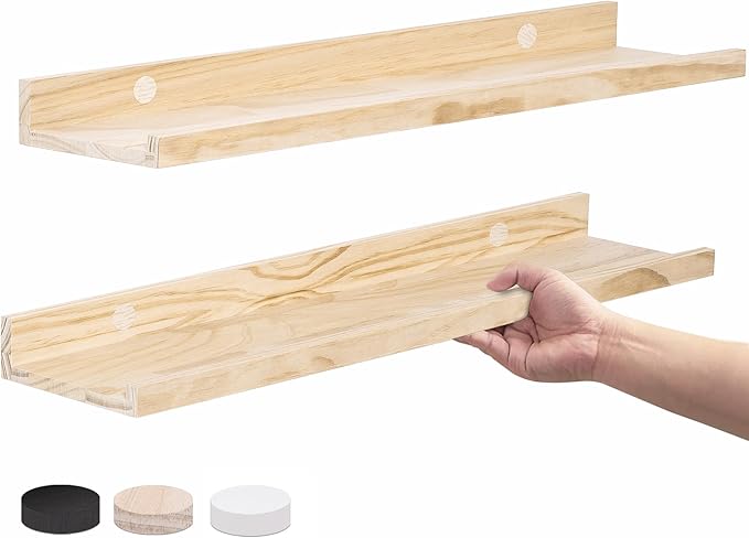 24 Inch Natural Pine Wood Floating Shelves for Bedroom, Wide Picture Ledge Set of 2, Wall Mount Unfinished Shelf Can be Stained Nursery Book Shelves for Kids Bedroom Living Room Bathroom Kitchen