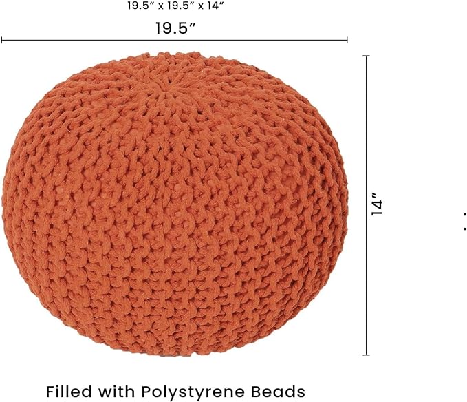 REDEARTH Round Pouf Ottoman - Hand Knitted Cable Boho Poof - Pouffe Circular Footrest for Living Room - Bedroom - Patio - 100% Cotton (19.5"x19.5"x14") - Burnt Orange