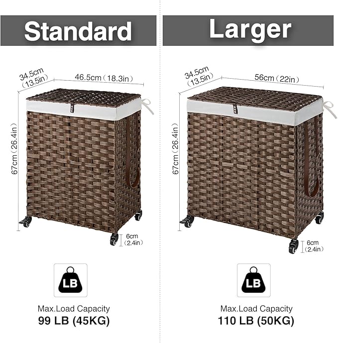 Greenstell Laundry Hamper with Wheels, No Install Needed, 90L Divided Handwoven Hampers & 2 Removable Liner Bags, Synthetic Rattan Clothes Laundry Basket with Lid & Handles, Foldable Hampers Brown