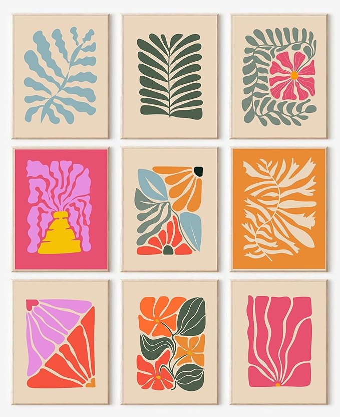 Abstract Botanical Prints Set of 9, Colorful Eclectic Gallery Wall Art Wavy Flower Floral Plant Wall Decor, Aesthetic Bedroom Decor Canvas Artwork Painting, Maximalist Art Prints & Posters for Boho