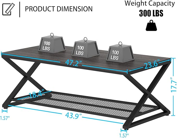 LVB Industrial Grey Coffee Table, Wood Metal 2 Tier Center Table with Storage, Rectangular Low Cocktail Table for Living Room, Farmhouse Concrete Tables for Home Office Bedroom, Dark Gray Oak, 47 Inch