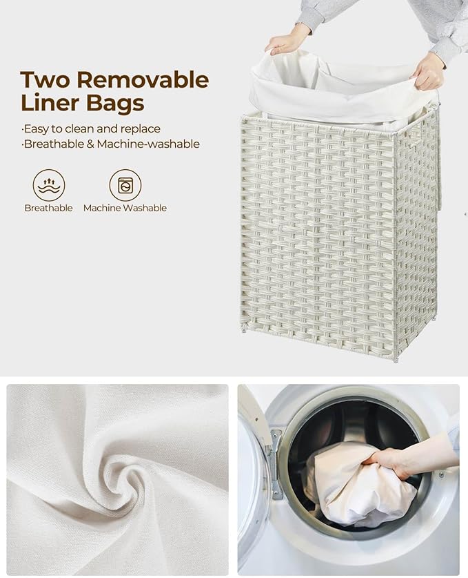Greenstell Laundry Hamper with Lid, 90L Clothes Hamper with 2 Removable Liner Bags & 2 Mesh Laundry Bags, Handwoven Synthetic Rattan Laundry Basket for Clothes, Toys in Bathroom, Bedroom White