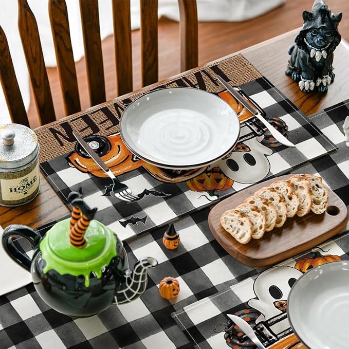 Artoid Mode Buffalo Plaid Bat Ghost Truck Spooky Halloween Placemats Set of 4, 12x18 Inch Seasonal Table Mats for Party Kitchen Dining Decoration