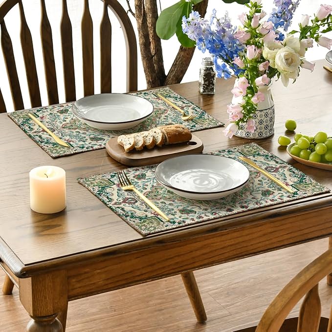 Artoid Mode Boho Placemats Set of 4, Daily Green Floral Bohemian Fall Table Mats for Home Party Dining Decoration 12x18 Inch