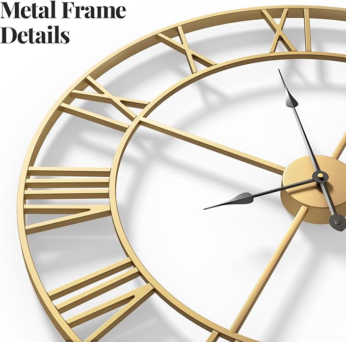 16 Inch Metal Gold Wall Clock - Silent Non-Ticking Battery-Operated Round Rustic Modern Clock for Living Room, Kitchen, Mantel - Roman Numerals