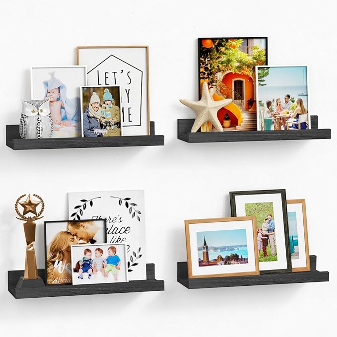 Forbena Corner Floating Shelves for Wall with Lip Set of 4, Black Small Wood Picture Ledge Shelf for Living Room Bedroom Bathroom Nursery Books, Repisas Flotantes de Pared para Cuarto Sala Baño Negro