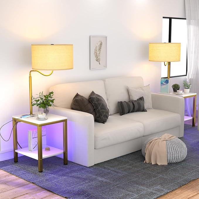 LED Floor Lamp with Table, Side Table with LED Light and Power Outlet, Nightstand with Lamp, End Table with Lamp Attached for Living Room, Bedroom, USB Ports, Bulb Included, White, 2 Pack