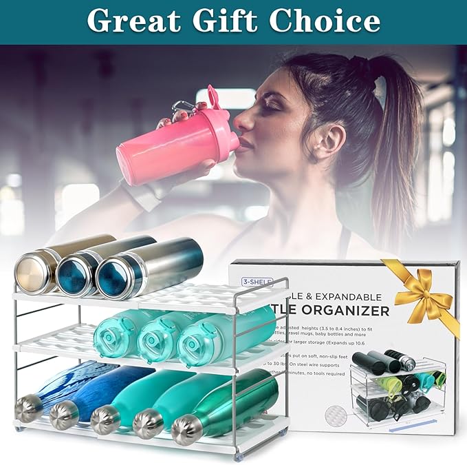 Water Bottle Organizer For Cabinet, Expandable Water Bottle Holder Rack, Adjustable Tumbler Storage For Kitchen Organization, 3 Tier Cup Organizer For Sports Flask Insulated Travel Mug Fridge, White