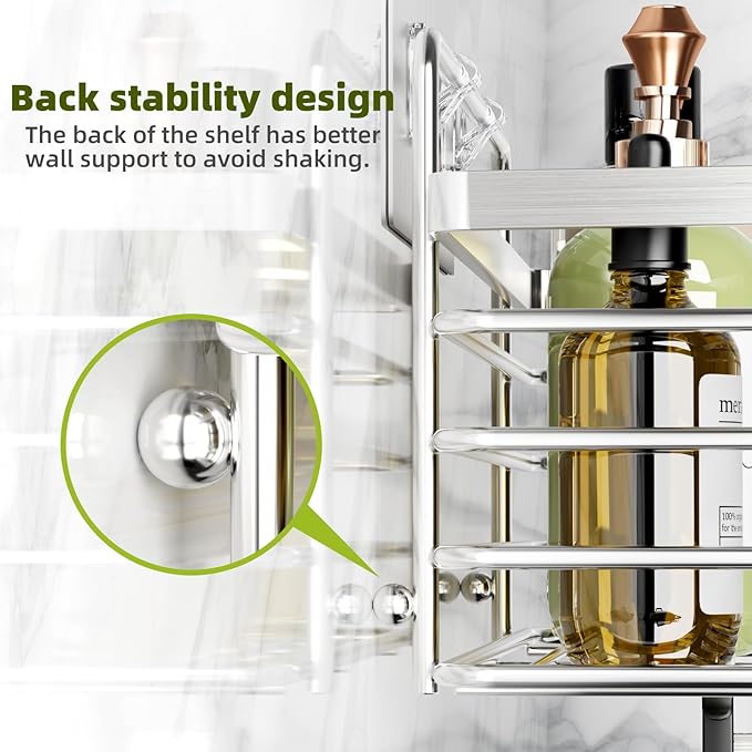 Yougai Shower Caddy Shower Shelf with Soap Dish and 4 Hooks, SUS304 Stainless Steel Shampoo Holder Bathroom Shower Organizer No Drilling Adhesive Wall Mounted Storage Shelves Basket Accessories-3 Pack