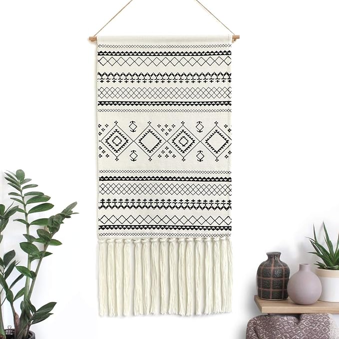Dremisland Macrame Woven Wall Hanging Tapestry- Boho Chic Bohemian Home Decor Geometric Art Decor Boho Backdrop - Beautiful Apartment Dorm Room Door Decoration, 17.7" W x 32" L (Sendia-Black)