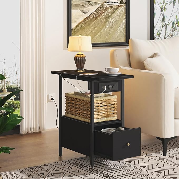 LIDYUK End Table with Charging Station, Narrow Side Table with Drawer and USB Ports & Power Outlets, Nightstand Bedside Tables for Small Spaces, Bedroom, Living Room, Black, Set of 2