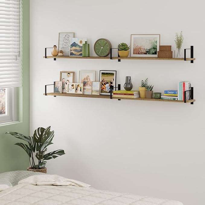 Wallniture 2pc 60x6inch Rustic Floating Shelves, Paulownia Wood, Burnt, for Living Room, Bedroom, Kitchen, Home Office, Book Shelf, 20kg Capacity