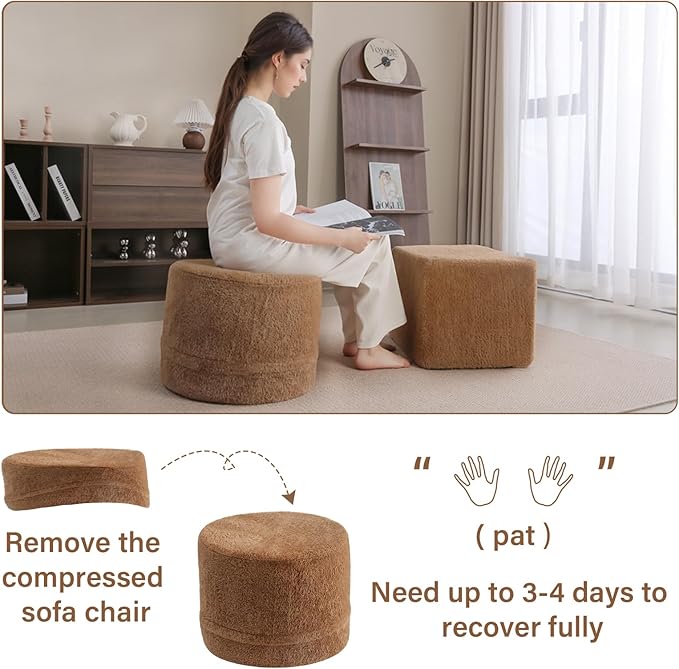 Tiita Stuffed Pouf Ottoman, Round Foot Stool Fluffy Floor Poufs Chair for Living Room Bedroom, Filled Boho Foot Rest for Couch, Blue-Grey