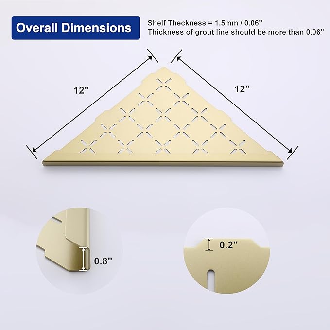 12" Corner Shower Shelf, 2-Pack Shower Shelves SUS304 Stainless Steel Bathroom Shelves for Tile Walls, Recessed Corner Shelf Organizer Rack, No Drilling (Brushed Gold)