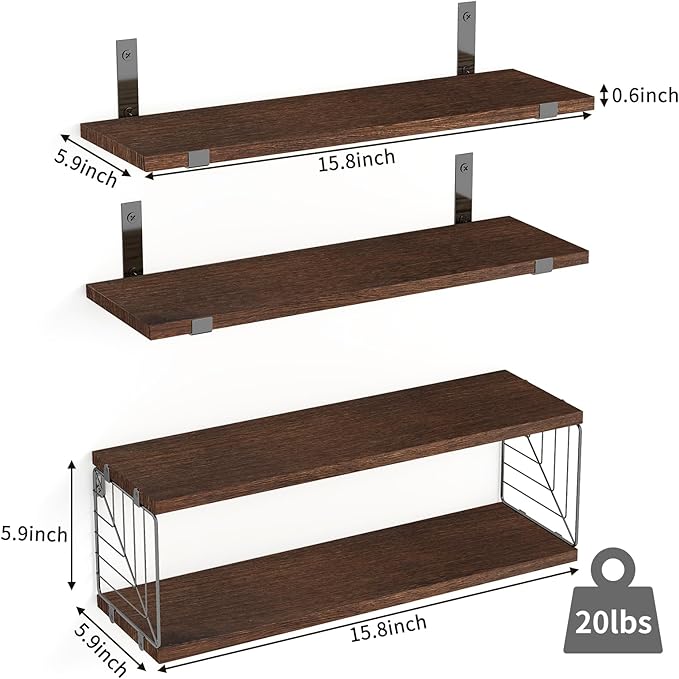 Fixwal 3+1 Tier Bathroom Floating Shelves Over Toilet, 15.8in Farmhouse Rustic Wood Shelves, Wall Decor for Bathroom, Living Room,Bedroom and Kitchen (Dark Brown)