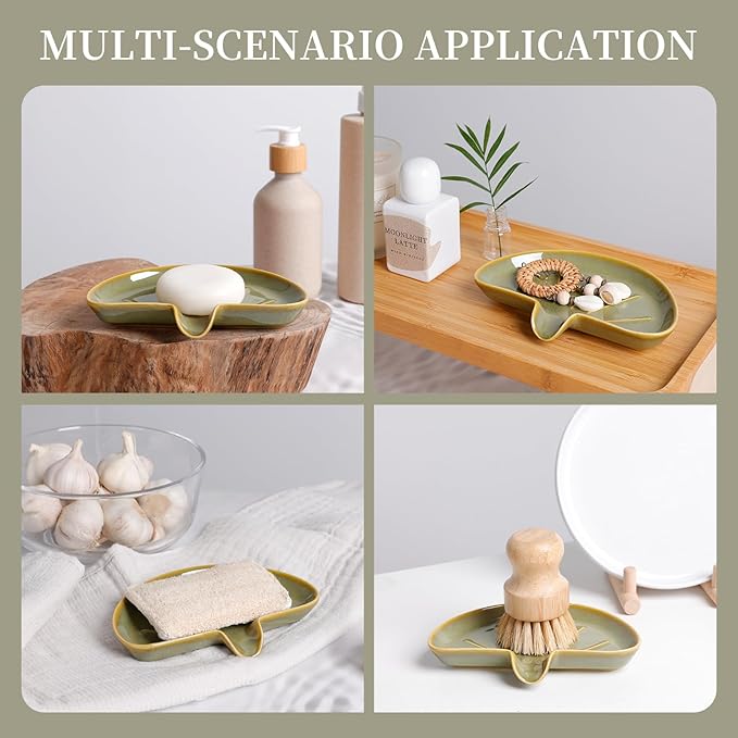 Ceramic Soap Dish, Self-Draining Bar Soap Holder for Bathroom, Sink, or Shower – Green Half-Moon Design, Easy to Clean, Keeps Soap Dry – ANTIS'S HOME