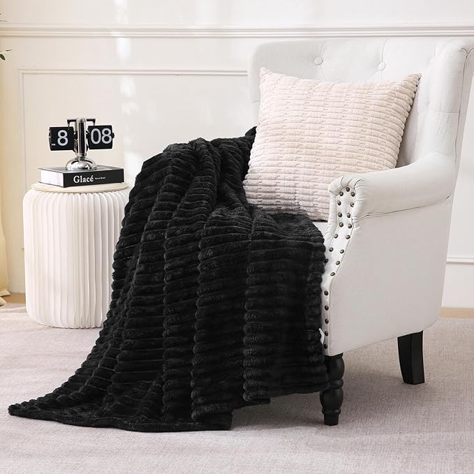 Black Fleece Throw Blanket 50”×60” for Couch Sofa Bed,Super Soft Cozy Plush Microfiber Flannel Blanket with Stripes Design Lightweight for Adults,Woman,Girls