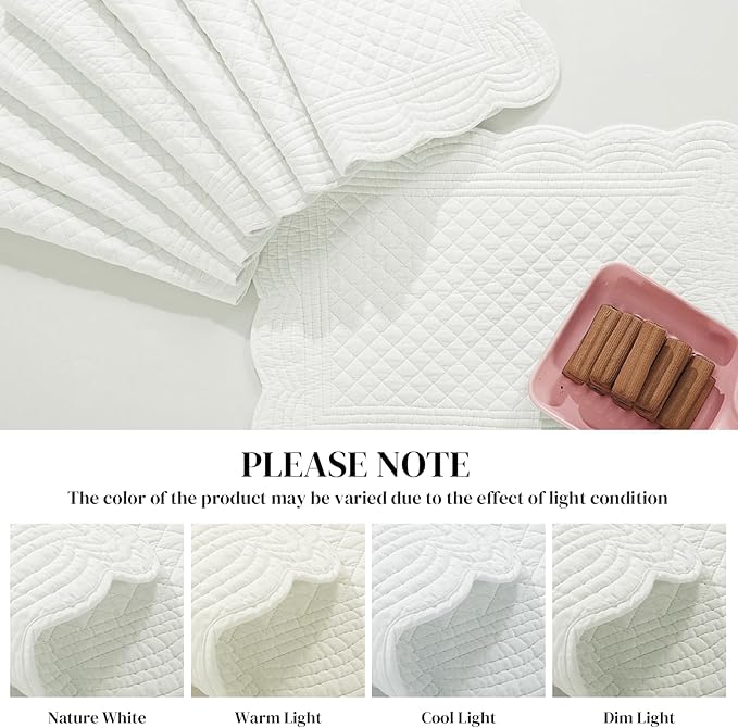 HOMBYS Quilted Placemats Set of 6 Washable-13x18 inches Rectangular Placemats for Kitchen Table-100% Cotton Fabric Rectangular Table Mats, (Cream White)