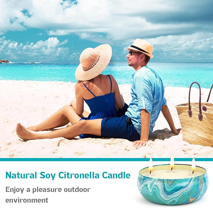 Ofun Citronella Candles Outdoor Decorative 36oz, 3 Wick Soy Wax Lemongrass Candle Set, Scented Candle Jar Candle Bulk Up to 240hrs, Summer Camping Candles for Patio, Garden, Balcony, Camping, BBQ