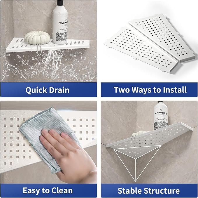 Corner Shower Shelf, 12" Trapezoid Bathroom Shelf 304 Stainless Steel Grout in Shelf for Tiled Wall, No Drilling Needed (White, 12"-2 Pack)