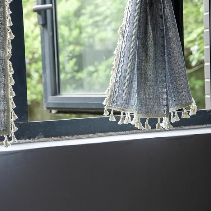 Sutuo Home Blue Boho Curtain 52W x 36L inch White Striped Light Filtering Short Valance Tier, 1 Panel Embroidery Bohemian Farmhouse Country Kitchen Window Treatment Decor for Small Closet
