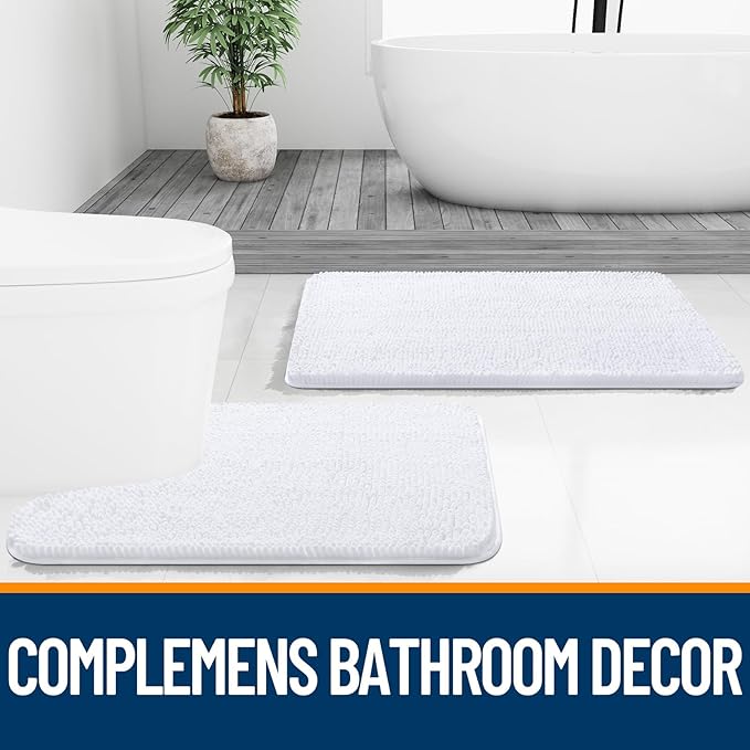 OLANLY Toilet Rugs U-Shaped 24x20, Extra Soft Absorbent Chenille Contour Bathroom Rugs for Toilet, Dry Quickly, Machine Washable, Non-Slip Bath Mat, White