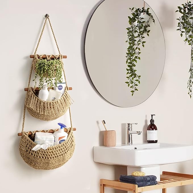 Hanging Fruit Basket, 3 Tier Over the Door Organizer, Handmade Woven Jute Wall Baskets for Organizing, BOHO Decor, Storage for Kitchen, Living & Bathroom Bedroom.