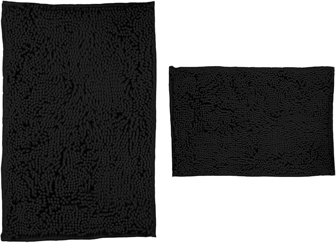 Bathroom Rugs 2 Pieces Chenille Bath Rug Mat, Extra Thick and Soft Absorbent Bath Rugs, Machine Washable, Non-Slip Plush Bath Mats for Tub, Shower, and Bath Room (Black, 32"x20"+24"x16")