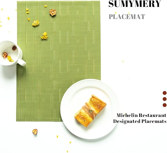 Placemats Set of 6 Vinyl/Plastic Woven Place Mats for Kitchen Table Indoor/Outdoor Washable Placemat Wipeable Dining Table Mats (Oliver Green,6)