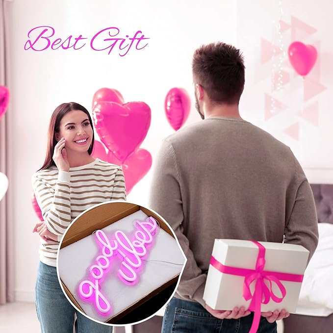 Pink Good Vibes Neon Sign - Neon Lights for Bedroom, LED Neon Signs for Wall Decor (16.1 x 8.3 inch)